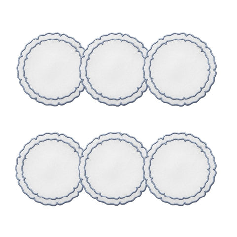 Linho Scalloped Round Coaster White / Blue - Boxed Set of 6