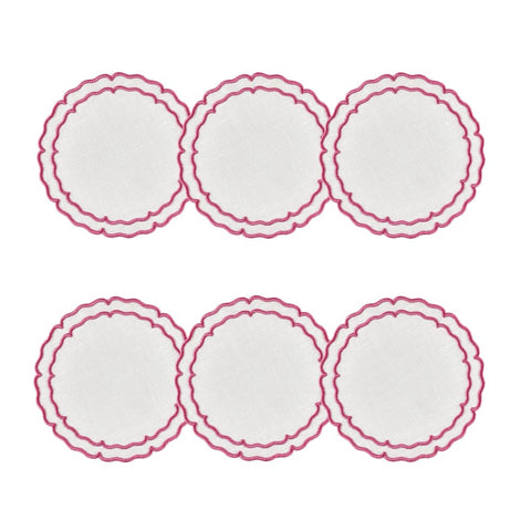 Linho Scalloped Round Coaster White / Fuchsia - Boxed Set of 6
