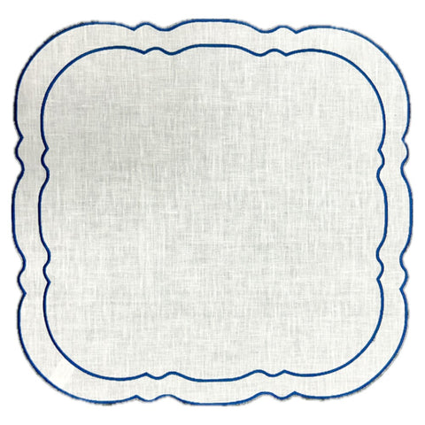 Scalloped Square Placemat White w/ Navy - Set of 2