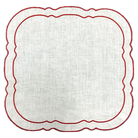 Scalloped Square Placemat White w/ Red - Set of 2