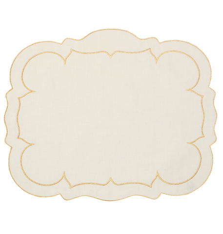 Linho Scalloped Rectangular Linen Mat Ivory w/ Gold - Set of 2