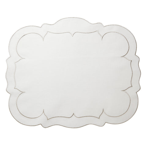 Linho Scalloped Rectangular Linen Mat White w/ Platinum – Set Of 2