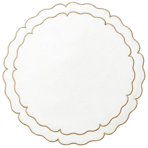 Linho Scalloped Round Placemat White / Gold - Set of 2