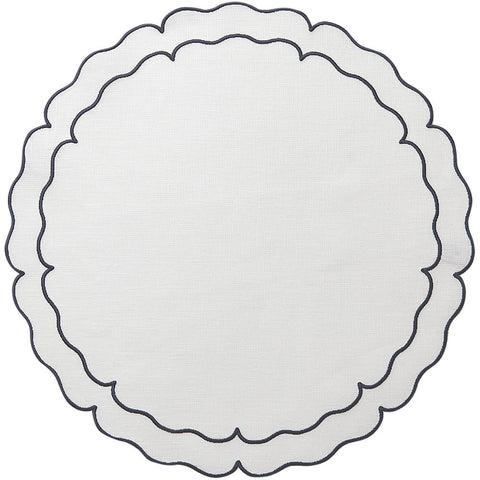 Linho Scalloped Round Placemat White / Navy - Set of 2